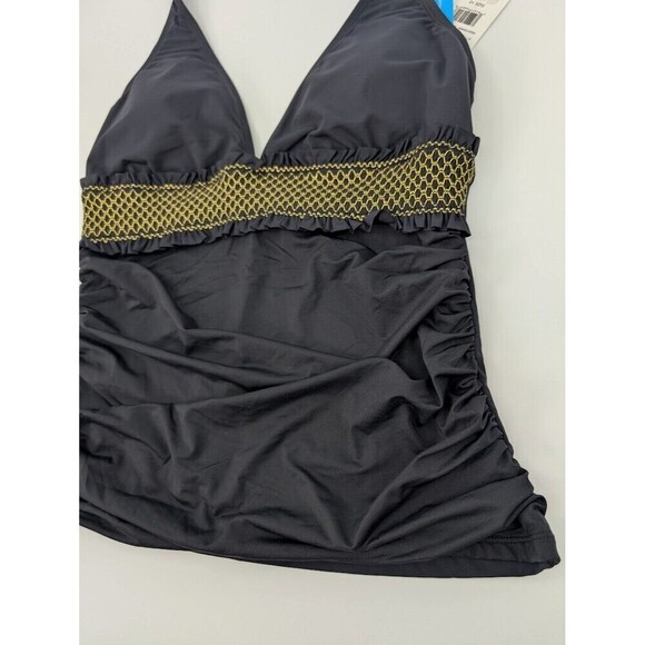 Bleu Rod Beattie Tankini Top Womens 10 Black Halter Metallic Contrast Ruched - Picture 3 of 13